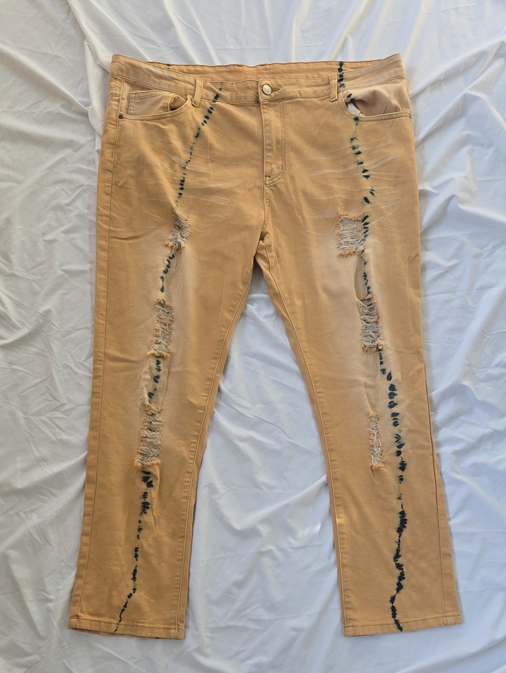Men's Artsy Jeans Peach/Orange Distressed Front Only Ink Stain Front * Back